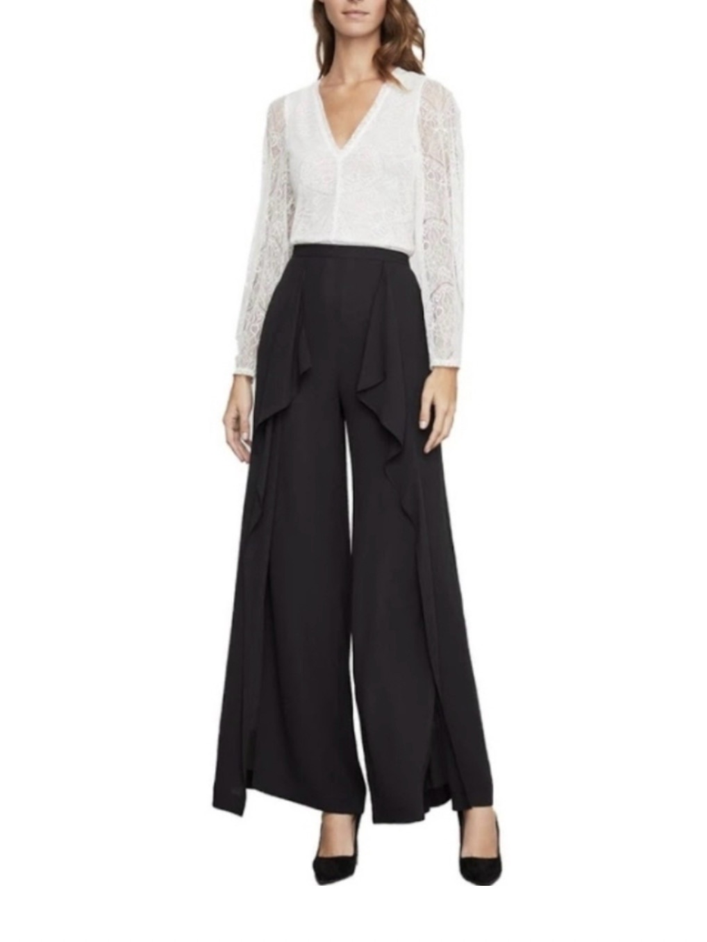 Bcbg Maxazria Black Wide-Leg Ruffle Front Pants Front Slit Medium Nwt